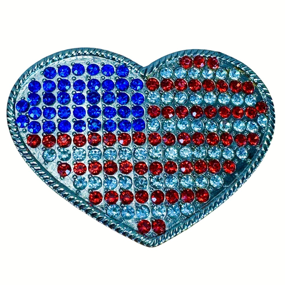 Y2K Heart American Flag Rhinestone Belt Buckle Silver 3.5" Patriotic Red Blue